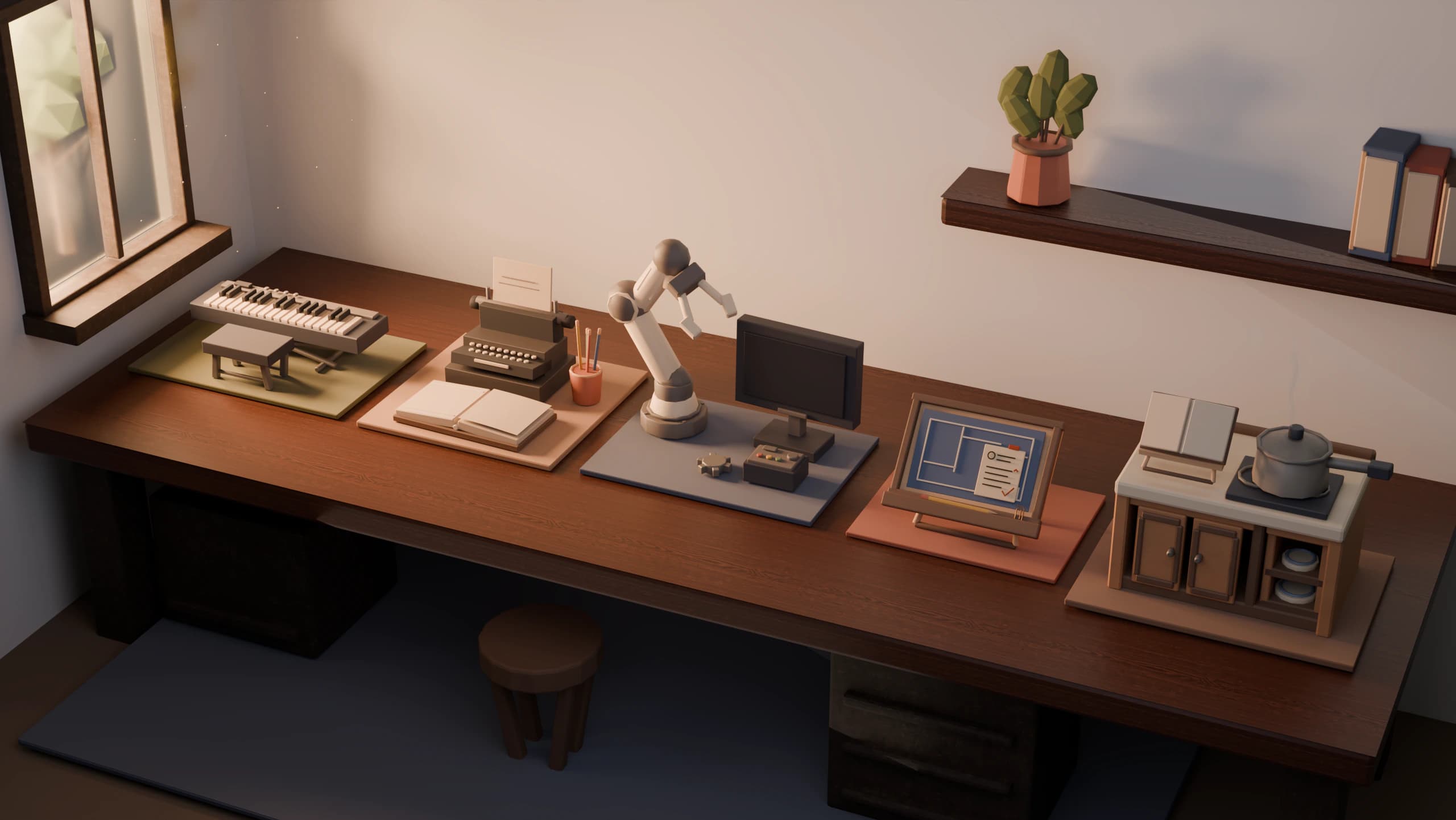 Warm low-poly workshop with five creative areas arranged across a long wooden desk.