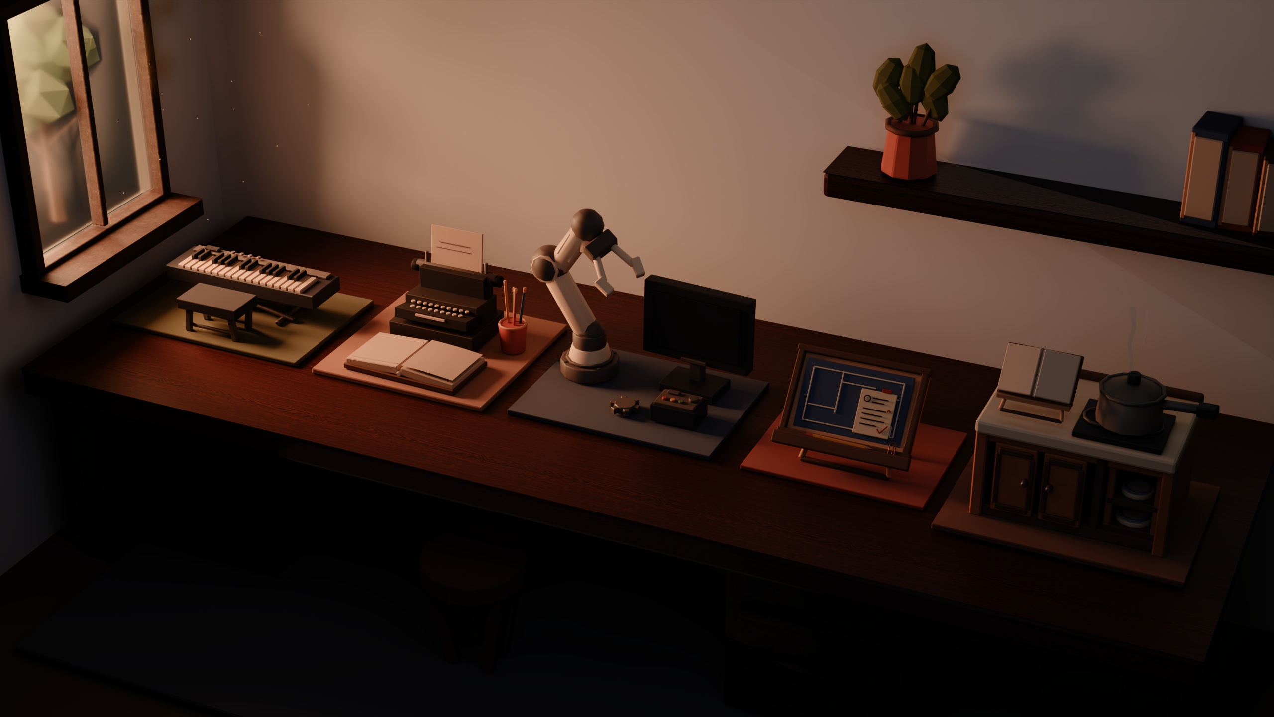 A warm, low-poly workshop with a keyboard, writing desk, project workbench, resume board, and kitchen.